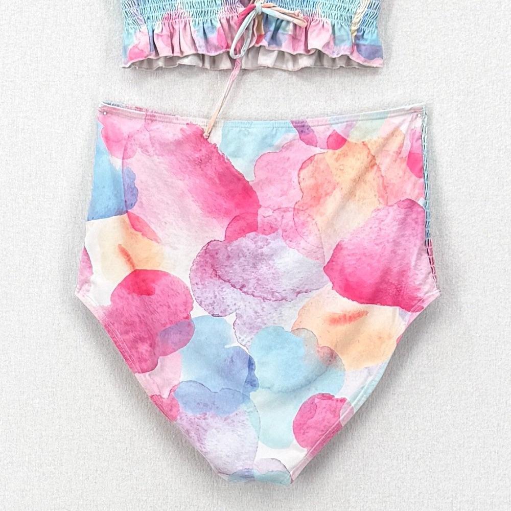 RAD SWIM Betsy Smocked Bikini Medium Pink Blue Watercolor High Waist Swimsuit - Picture 9 of 16